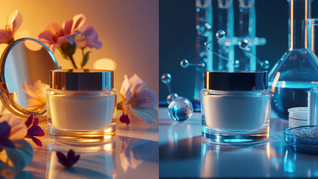 Split view comparing a cosmetic jar in a beauty setting versus a medical lab setting.