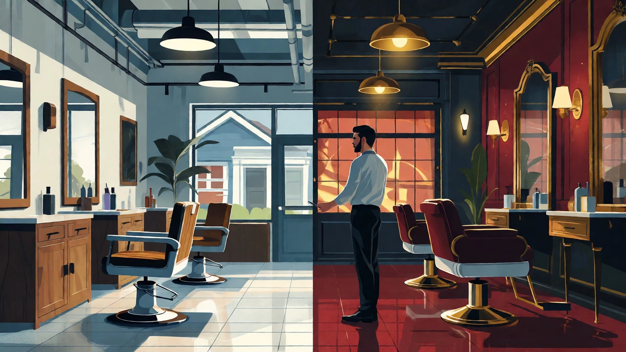 Split view comparing budget barbershop and luxury salon interiors