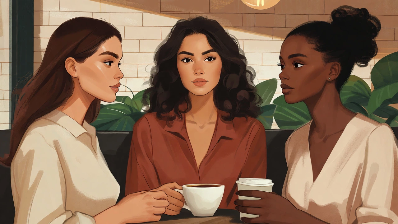 Three women with natural makeup styles chatting in a cafe