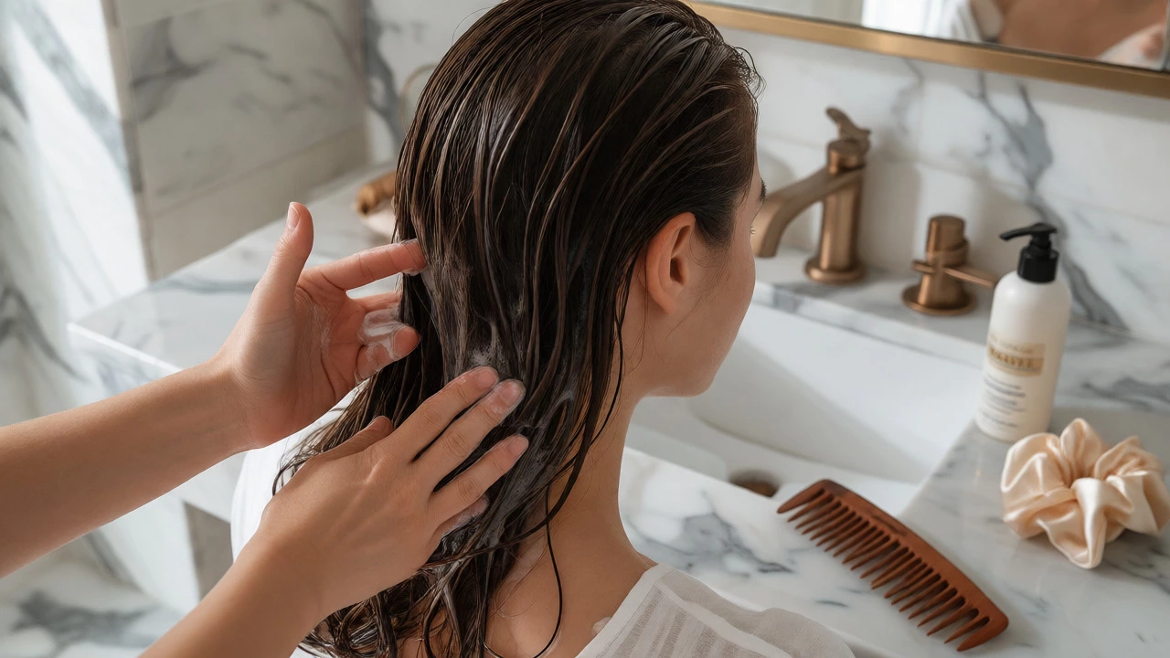 Woman applying conditioner to hair ends during shower routine