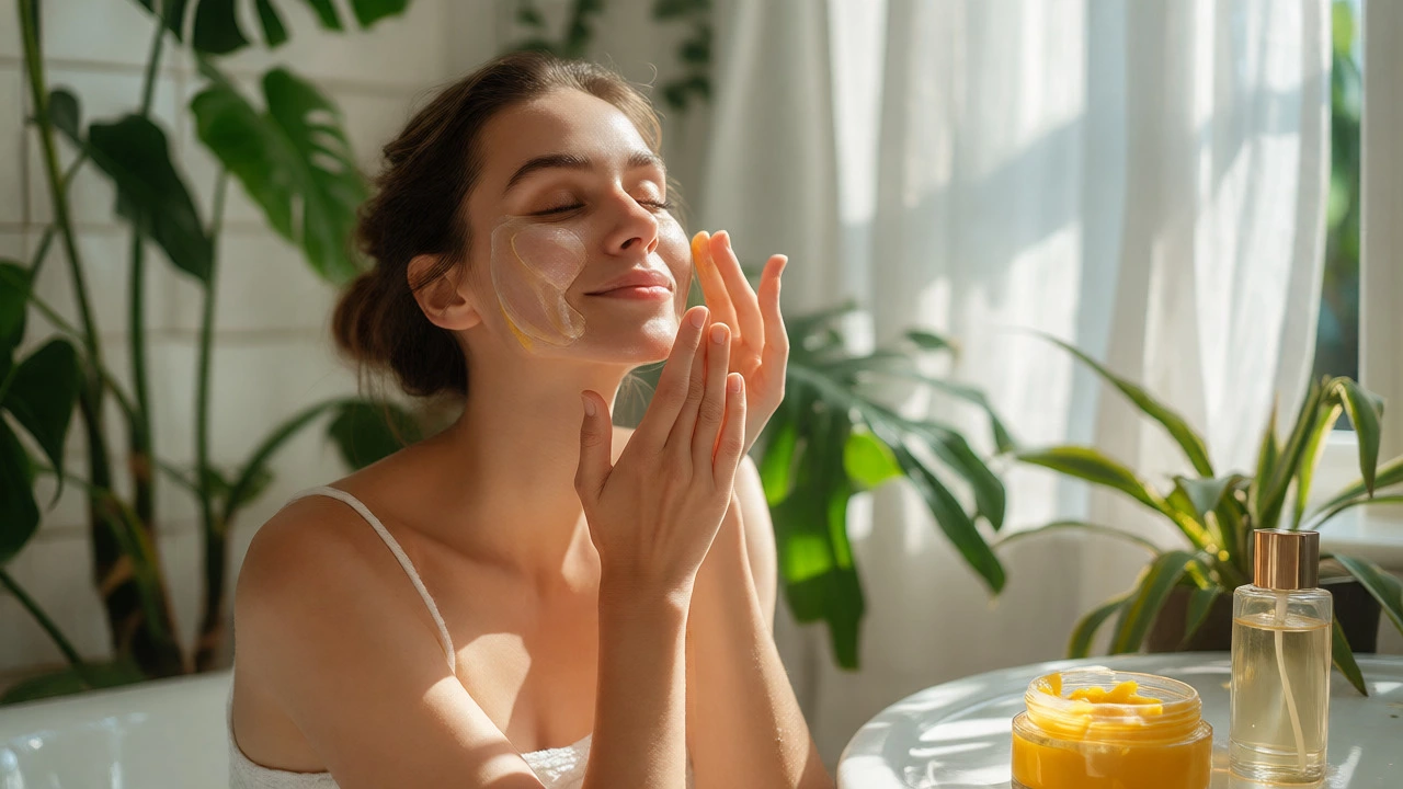 Woman applying facial mask in a bright, plant-filled bathroom