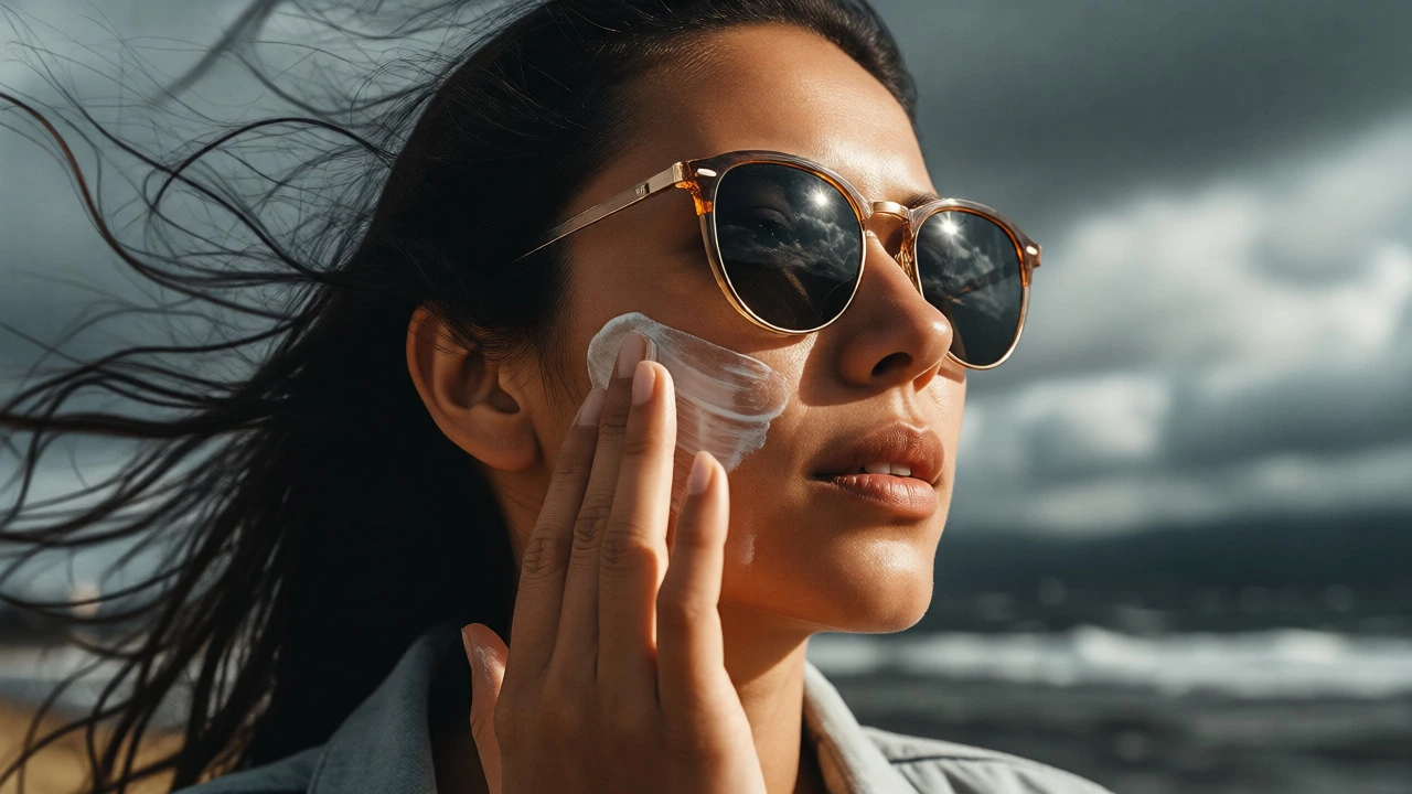 Woman applying sunscreen outdoors in windy, cloudy coastal conditions